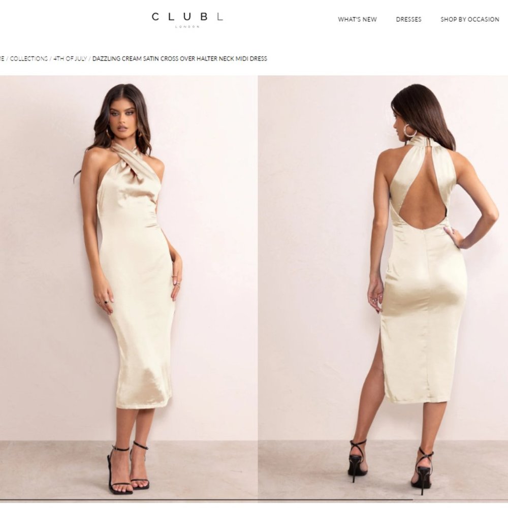 CREAM SATIN CROSS OVER HALTER NECK MIDI DRESS